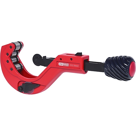 Rotes Rohrschneidwerkzeug mit schwarzem Griff, Rollen und KS TOOLS Aufdruck.